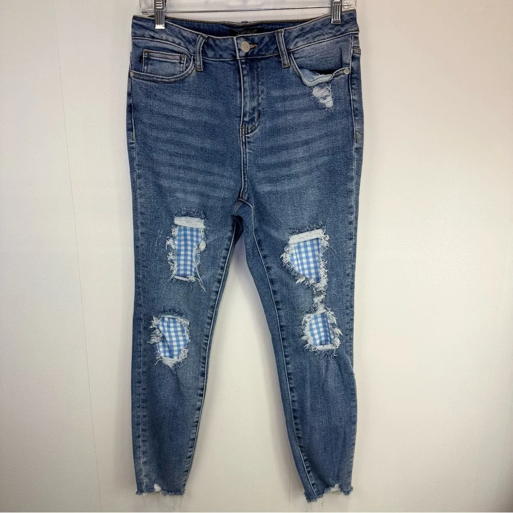 Judy Blue Gingham Distressed Skinny Jeans Raw Hem size 9/29‎ style #JB8832